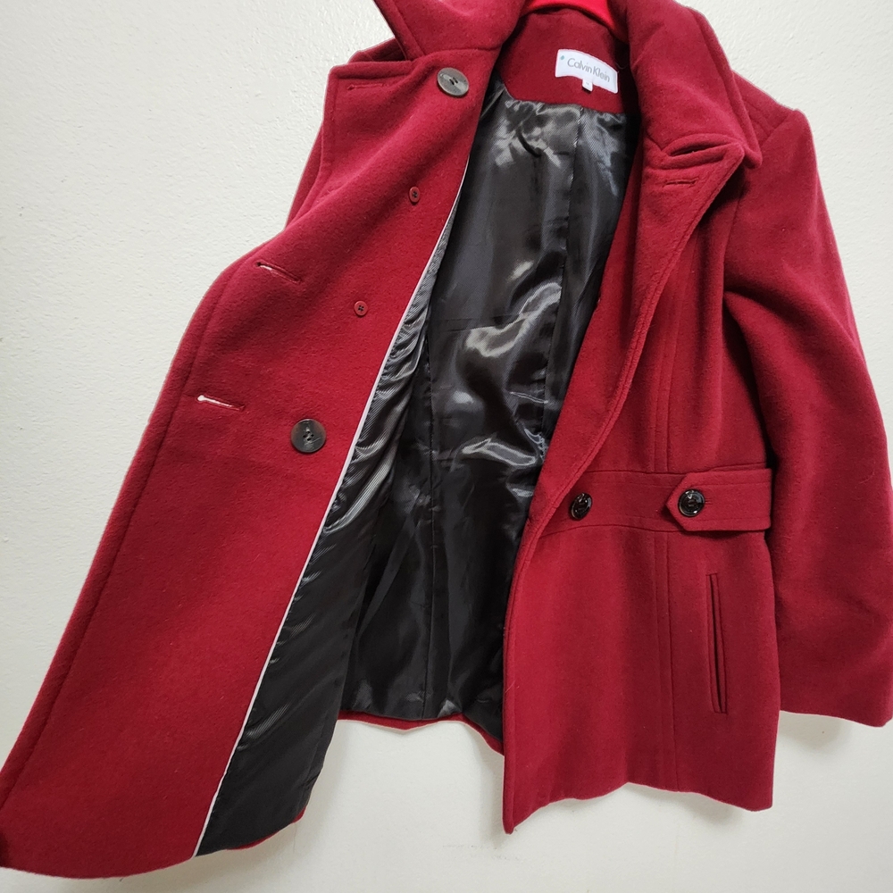 Calvin Klein Wool Blend Double Breasted Red Peacoat Coat Women's Size 14 Classic - Picture 3 of 12